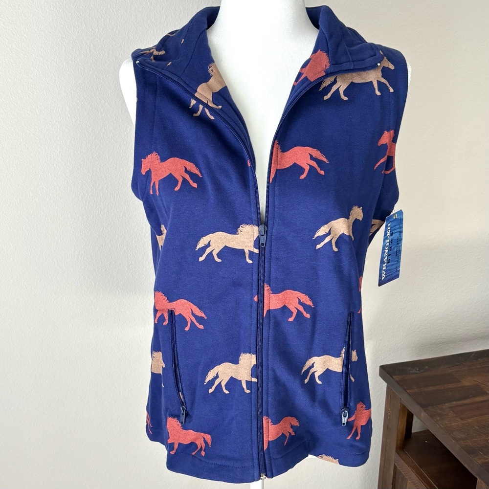 Wrangler Blues Horse Print Zip Up Sleeveless Vest Medium NWT